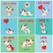 Vector illustration set of cute and funny cartoon little Valentine dogs-pupies in love with heart, rose, wings and