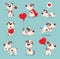 Vector illustration set of cute and funny cartoon Valentine dogs-pupies in love with heart, rose, wings and balloon