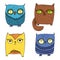 Vector illustration set of cute kawai animals, flat icons. Cartoon fox, owl and kitty in blue, brown and orange yellow colours