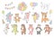 Vector illustration set of cute kids in festive animal suits with hot air balloons, party cone hats and flags.