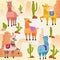 Vector Illustration set of cute vector alpaca lama and cactus with stones and rocks.