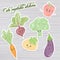 Vector illustration of set of cute vegetable stickers: beet, carrot, broccoli, pumpkin, pepper and eggplant on wooden backdrop