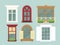 Vector illustration set of detailed various colorful windows with flowers, decorations and window sills, curtains. Flat