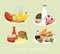 Vector illustration set of different breakfast, food icons. Milk, orange juice, fruits, meat, coffee, bread and salad