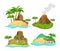 Vector illustration set of different scenes of tropical islands with palm trees and mountains, volcano isolated on white