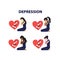 Vector illustration set of different skin color and nationality women sit on the floor and crying around broken heart