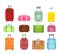 Vector illustration set of different types bags for travel isolated on white background, suitcase journey trip and case