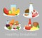 Vector illustration set of different types of healthy breakfast food in cartoon style. Lunch coffee, porridge,orange and