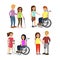 Vector illustration set of disabled people with friends, walking and speaking happy young people with wheelchair and