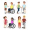 Vector illustration set of disabled people and handicapped with friends helping them, flat cartoon style.
