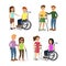 Vector illustration set of disabled people and handicapped with people in wheelchairs on crutches blind woman in flat