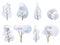 Vector illustration. A set of doodle images. Cartoon trees in a blue palette, snow-covered winter crown of different