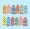 Vector illustration set of european old style colorful houses isolated on light blue color background. Dutch, Netherland