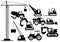 Vector illustration set of excavators and heavy construction machines icons. Silhouette illustration equipment and