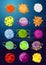 Vector illustration set of fantastic cartoon planets, asteroids, space objects in bright colors flat style.