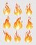 Vector illustration set of fire flames icons different shapes on the transparent background in flat cartoon style.