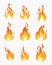 Vector illustration set of fire flames icons on white background. Flame in different shapes collection in flat style.