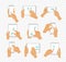 Vector illustration set of flat hand icons showing commonly used multi-touch gestures for touchscreen tablets or