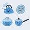 Vector illustration of Set of Funny Pans Smilies. Kettle, stewpan, saucepan, plate on white.