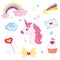 Vector illustration set for girl. Collection of stylized drawings for the princess. Unicorn. Rainbow.