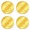 Vector illustration. Set of gold coins with 4 major currencies. Dollar, Euro, Pound sterling, Yuan or Yen. Chips. Editable