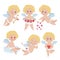 Vector illustration set of golden-haired cupid in different poses.