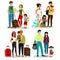 Vector illustration set of happy people travelling with kids. Family travel together. Father mother and children with