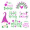 Vector illustration set of Hello spring lettering typography. Quotes, gnome, rainbow.Green and pink colors.