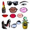 Vector illustration, set. Lipstick, sunglasses, lips of different shapes and colors, eyes, high heels, a bottle of perfume