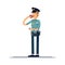 Vector illustration set male policeman character. A policeman in uniform is standing and eating a donut . Public safety