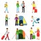 Vector illustration set of men and women tourists in action. Travelers with luggage, camping recreation, family