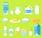 Vector illustration set of milk products in flat cartoon style. Collection milk, butter, cheese, yogurt, cottage cheese