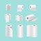 Vector illustration set of realistic paper rolls isolated on blue background. Blank white 3d kitchen towels, toilet