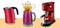 Vector illustration set of red coffee machine with cup of coffee, red kettle and traditional Turkish kettle with teapot