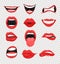 Vector illustration set of red woman lips. Mouth with a kiss, smile, tongue and many emotions mouth emoji on transparent