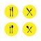 Vector illustration. Set of restaurant icon, sign. fork, spoon and knife cross icons on yellow round background