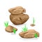 Vector illustration of a set of separated cartoon boulders, stones and stones of various shapes, with blades of grass