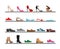 Vector illustration set of shoes. Collection men s and women s season footwear on the shelfs. Fashionable different