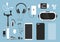 Vector illustration set of smartphone and accessories for it. Phone with case, charger, headphones and protective glass