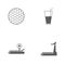 Vector illustration set sport icons. Elements Treadmill, The bench press, fresh drink and golf ball icon