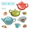 Vector illustration set of teapots, cups and buns.