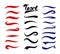 Vector illustration set of text elements. Typography tails collection. Swirling swash and swoosh. Red, blue and black