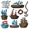 Vector illustration set of various cartoon ship lifebuoy anchor sea waves