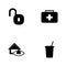 Vector illustration set web icons. Elements cup of drinks, house supervision, first aid kid and open lock icon