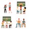 Vector illustration set of young people watching football match and drinking beer in flat style.