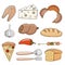 Vector illustration of Seth food, bread, pizza, fish, sausages. Isolated, on white background.