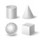 Vector illustration of shapes set of cube, cylinder, sphere and cone with halftone grainy texture on white background