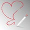 Vector illustration of sharpened detailed wooden graphite white pencil with eraser on top drawing a red heart on a gray background