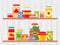 Vector illustration of shelf in grocery store with food products. Meal preserved in a metal and glass container standing