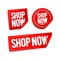 Vector illustration shop now buttons, online store stickers set